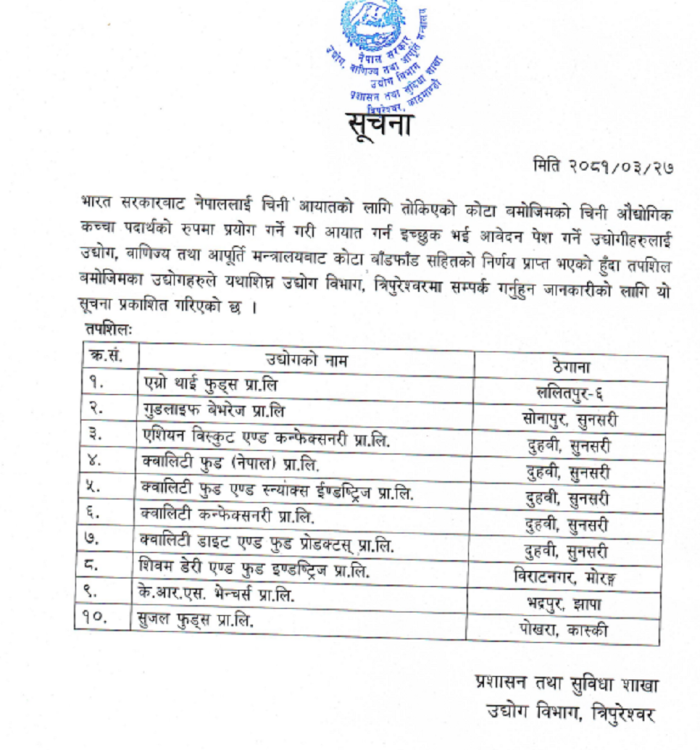 भारतबाट चिनी आयात गर्न १० उद्योगलाई अनुमति